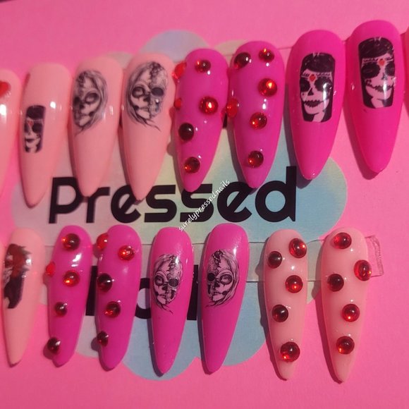 Stiletto Scary Lady Love Hearts Red Rhinestones Press on Nails Set Halloween - Picture 3 of 3